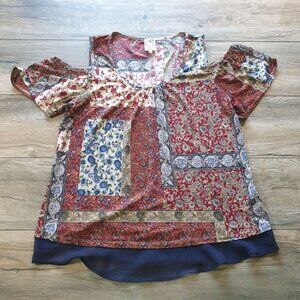 Patchwork Print Boho Women Top XL Naif Cold Shoulder Lightweight Blouse Sheer